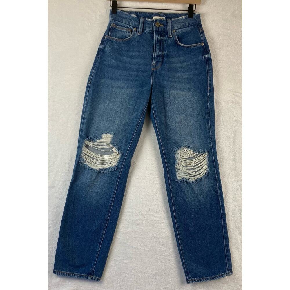 Good American High Waisted Straight Leg Jeans Size 00/24 Distressed Blue 691